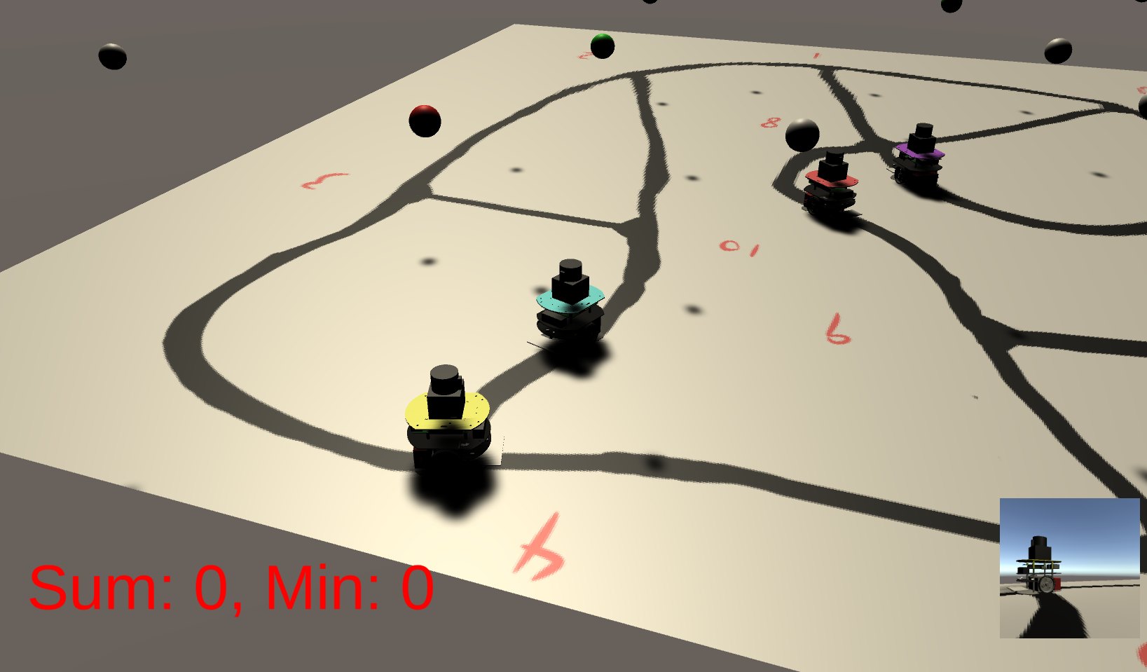 The Game view during Play: the camera follows a robot on the road, with the robot's own camera view in the lower-right corner