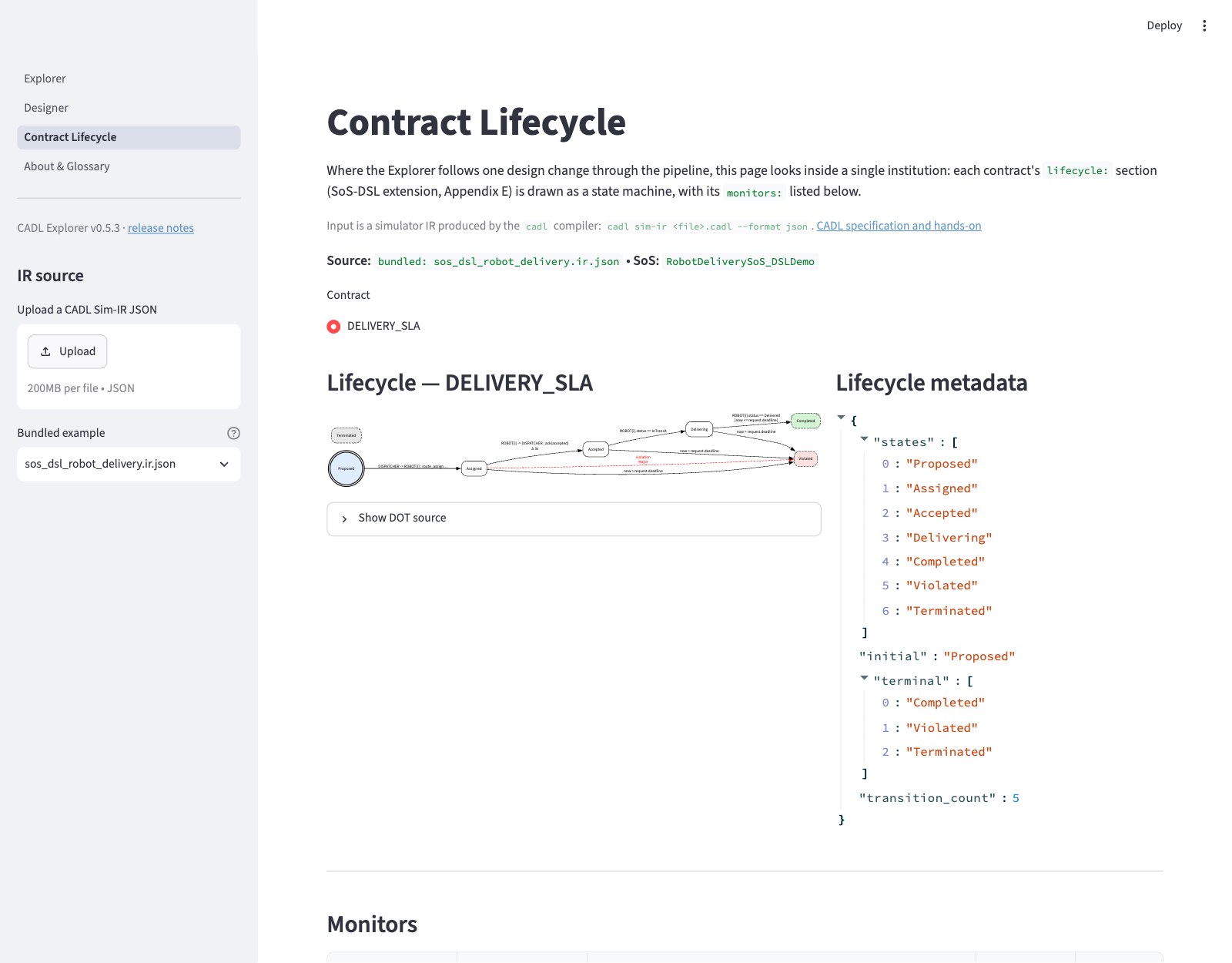 CADL Explorer — 同梱のロボット配送例を読み込んだ Lifecycle View